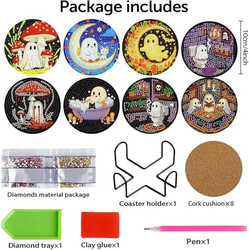 8 Pcs Ghost Diamond Art Coasters Kits for Adults,DIY Halloween Diamond Painting Coaster Kits with Holder,Crystal Full Drill Rhinestone Diamonds Art Diamond Paintings Kit Supplies