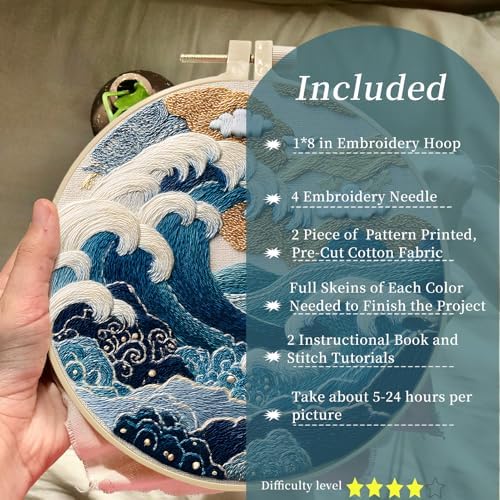 FONNUY Embroidery Kit for Beginners, Stormy Sea Wave Flowers Pre-Stamped Pattern Kits for Adults with Hoop, Easy to Follow Color Thread Needlework, 8'' Hoop (White)