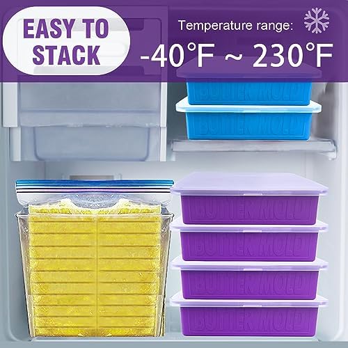Silicone Butter Mold with Lid and Spatula (Purple), Walfos Non-Stick Tray Fits Standard Butter Stick Size, Large Cavity, Holds 8 TBSP, Ideal For Soap Bar, Energy Bar, Brownie, Cake, 2 Packs