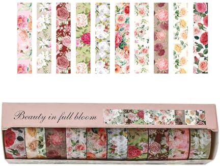 10 Rolls Blooming Flowers Washi Tape Set Floral Arts Adhesive Tapes Colorful Garden Decorative Masking Tape Sets for Craft, Kids, Scrapbook, DIY, Gift Wrapping (1-Pinky)