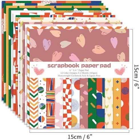 6x6" Cardstock Single Sided Scrapbooking,Craft Decorative Scrap Book Paper | 160gsm,24-Sheet 12Patterns Colored Paper,Junk Journal Supplies,Vivid Origami Papers DIY Craft Gift Wrapping Album.Sweet Love