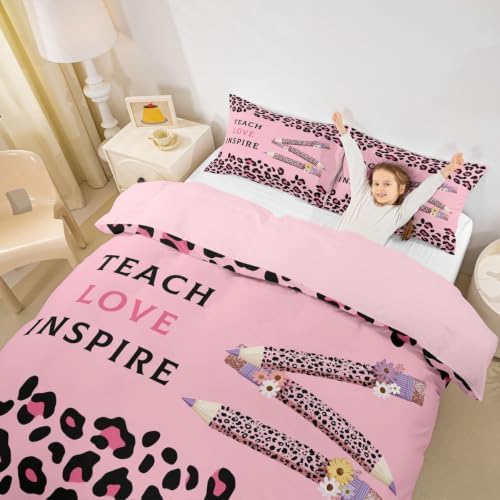 Erosebridal Pink Leopard Duvet Cover Queen Size Floral Leopard Pencil Bedding Set for Adults Teens Women Pink Educator Artwork Comforter Cover Boho Aesthetic Bedclothes Room Decor