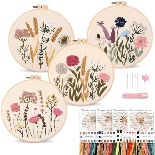 Harimau Adult Beginner Embroidery Starter Kit, Complete Set with 4 Patterns, 2 Hoops, Needles, Scissors, Instruction Guide & Stitching Video Tutorials