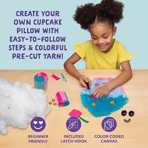 LatchKits Cupcake Pillow - Latch Hook Kits for Kids, Arts and Crafts, Yarn Art, Kids Crafts, Toys for Girls, Birthday Gift for Girls, Easy to Follow Pattern, Hook Included, Craft Kits, Ages 6+