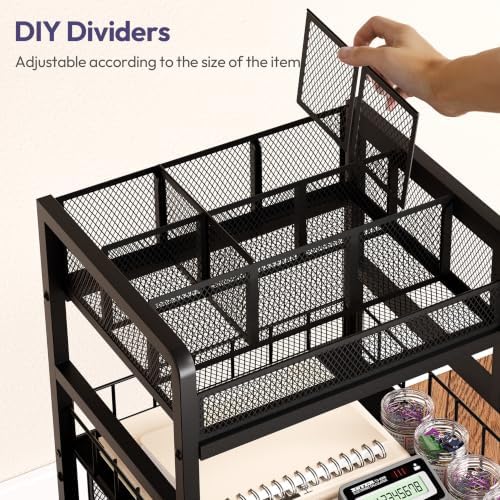 SWTYMIKI Rolling Cart with Drawers - Metal Craft Cart with Wheels, DIY Divider and Wood Shelf, Art Supply Organizer for Under Desk Storage, Utility Storage Cart for Home Office Studio, Black