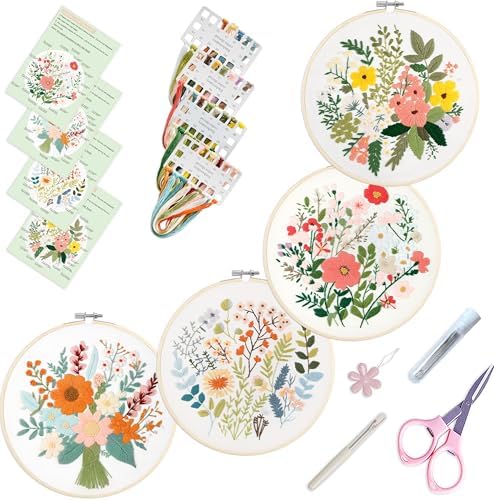 SevFan 4 Sets Embroidery Kit for Beginners Adults,Needlepoint Kits for Adults with Easy Stamped Floral Pattern Fabric Hand Crafts,Bamboo Hoop,Needle,Cloth,Embroidery Kit for Decor Home Room(Flower-8)