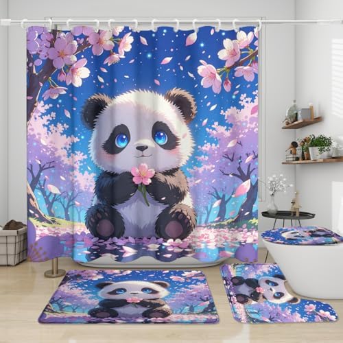 Funny Cute Baby Panda 4 Piece Shower Curtain Sets,Cartoon Anime Kawii Panda Bears Non-Slip Rugs,Toilet Lid Cover and Bath Mat,Japanese Cherry Blossoms Bathroom Decor Set