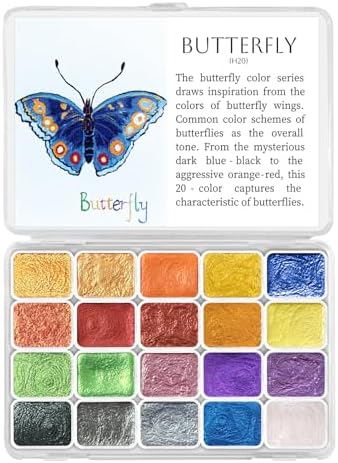 CraftyManor Mini Super Glitter Watercolor Paint Set, 20 Colors Ultra-Shimmer Metallic Watercolour Painting Sets, Solid Pearl Water Color Paints for Adult, 1ml Trial Pack (Butterfly)
