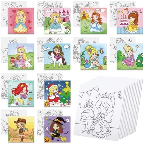 Anseal 12 Packs Pre Drawn Canvas to Paint, 4" X 4" Priness Pre-Printed Canvas Paint Party, Stretched Outline Painting Boards for Beginners, Party Favor