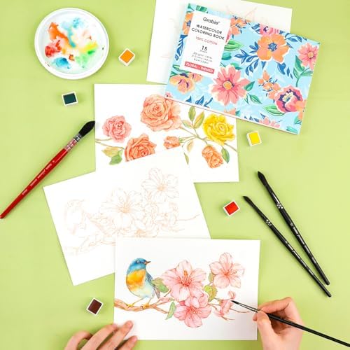 Grabie Watercolor Coloring Book, 15 A5 Cotton Sheets, Flower Themed