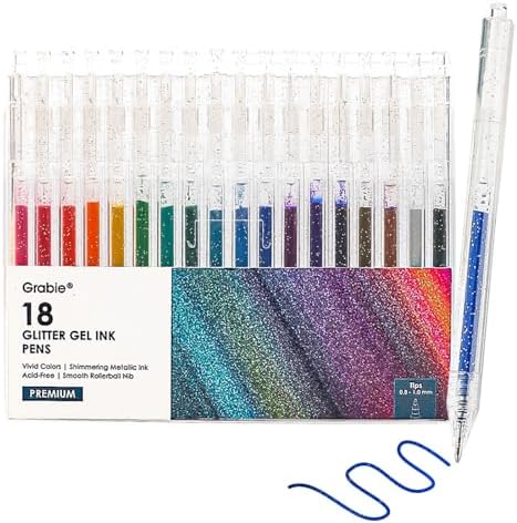 Grabie 18 Color Glitter Gel Pens, Retractable Sparkle Art Pens | Retractable Design, Smooth Gel Ink, Sparkling Finish, Acid Free Ink, Quick Drying, Coloring Books, Journaling, Drawing