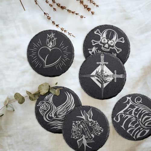4 PCS Round Slate Drink Coasters Set, SIJDIEE 4 Inch Laser Engraving Black Slate Stone Coasters with Anti-Scratch Bottom and Coaster Holder for Office Bar Kitchen Home Dinner Table Decor Supplies