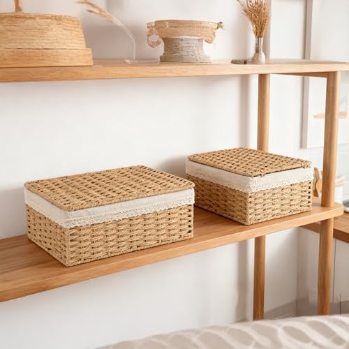Nonam Rattan Divided Storage Basket with Lid, Set of 3, Natural