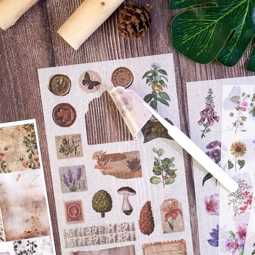 Vintage Cottagecore Stickers Set - 38 Sheets Retro Floral, Botanical Animal Washi Stickers & Writing Antique Scrapbook Paper for Journaling, Crafting, Art Projects