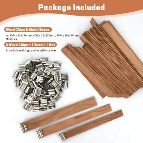50 Set Wood Candle Wicks 3 Widths, DIY Candle Making Supplies Wooden Wicks with Iron Stands for Handmade Candles Including 20Set 5.1x0.51in, 20Set 5.9x0.59in, 10Set 5.9x0.75in Natural Wood Wick