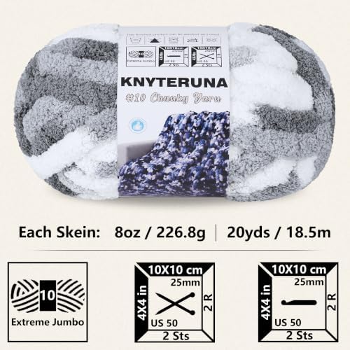 Chunky Yarn for Hand Knitting, #10 Chunky Blanket Chenille Yarn, Large Bulky Thick Jumbo Yarn, Super Chunky Knit Yarn for Crocheting, 8 Skein (8oz,20yds Each Skein), Tie Dye Multi Grey&White