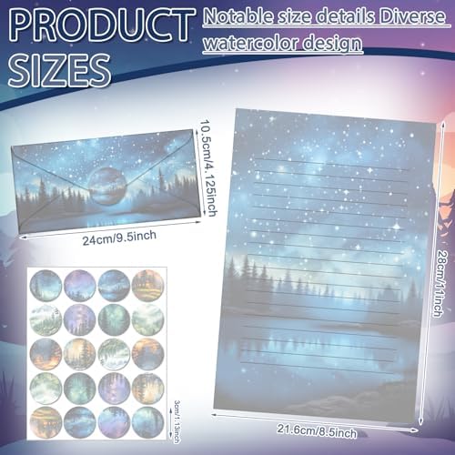 TaoBary 160 Pcs Stationery Paper Kit 50 Double Sided Stationery Papers with 50 Matching Envelopes and 60 Round Dot Sticker, 10 Design(whimsical Watercolor Illustration Starry Night, 8.5 x 11 Inch)