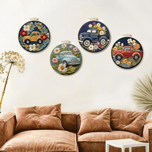 LB 4-Pack Colorful Truck Flower Embroidery Kit for Beginners: Cross Stitch Kit with Green Floral | Adults DIY Starter Kit Includes Embroidery Hoop, Colorful Threads, Tools and Instructions