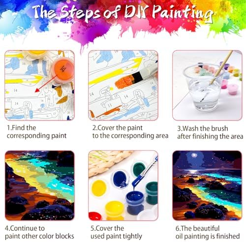 Yunnuo Paint by Numbers Kit for Adults, Seaside Night Scene Adult Paint by Number Kits on Canvas, DIY Beach Number Painting for Wall Decoration Festival Gifts 16"x20"(Glowing Sea Water& Moon)