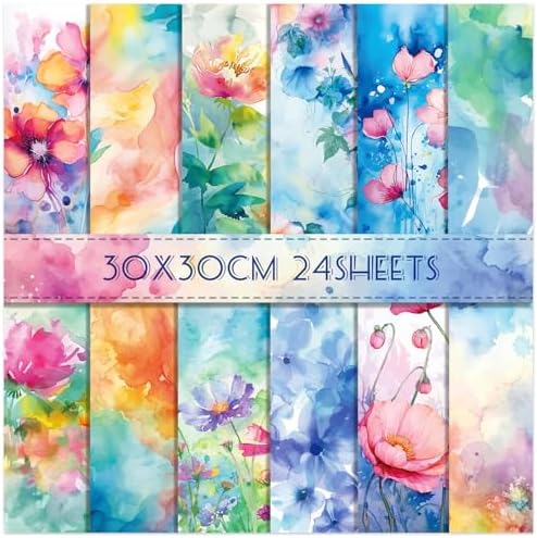 24 Sheets Floral Scrapbook Paper 30x30cm Watercolor Flower Patterned Double Sided Scrapbooking Decorative Craft for Card Making Kit Cardstock Origami Paper Supplies