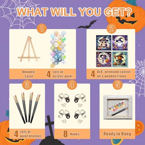 4 Pack Halloween Paint by Number for Kids with Wooden Frame - Wooden Easel