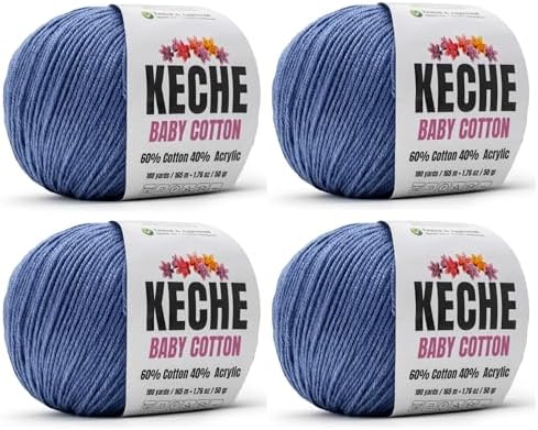 Keche Baby Cotton, 60% Cotton 40% Acrylic Yarn, Soft Cotton Yarn for Crochet and Knitting, Amigurumi Yarn 4 Skeins/Balls [1.76 Oz (50g) / 180 Yrds (165m)] x 4 - Denim Blue