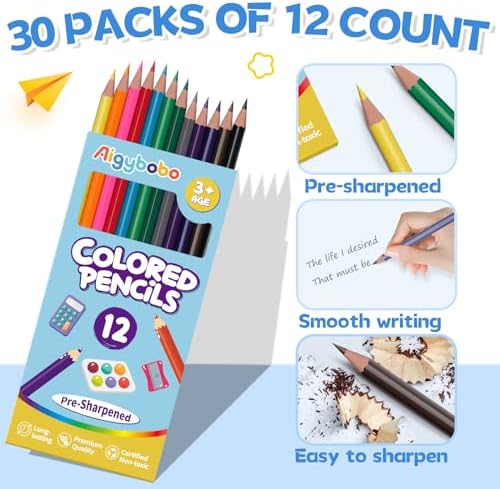 30 Pack Colored Pencils, Color Pencils Bulk for Kids Classroom, 360 Count | 12 Vibrant Colors, Pre-Sharpened, Back to School Supplies, Teachers Must Haves, Classroom Essentials & Prize & Art Supplies