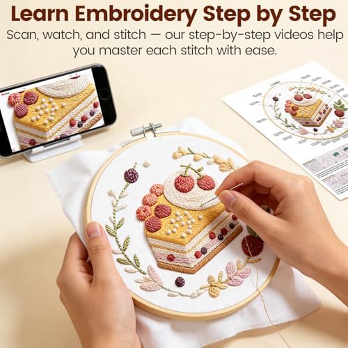 HGEKLIZV Embroidery Kit for Beginners Adults – 4Pcs Pre-Printed Cake & Fruit Patterns, Bamboo Hoop, Threads, Needles, Guide – DIY Hand Embroidery Craft, Home Decor, Gift for Women