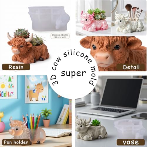 3D Highland Cow Resin Silicone Mold Animal Planter Casting Mold