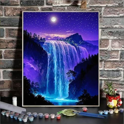 ldazao Framed Paint By Numbers Kit for Adults, Starry Waterfall Paint By Number Artist Kits for Beginner Acrylic On Canvas Forest Oil Painting Kit for Gift Home Wall Decor 9.5x12 Inch