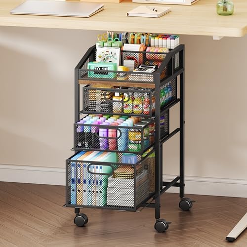 SWTYMIKI Rolling Utility Cart with Drawers - Under Desk Storage Cart with DIY Divider & Lockable Wheels, Multi-Functional Craft Art Supply Organizer for Office, Vanity, Craft Room & Studio Black