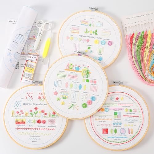 VIVIDOX 4 Sets Embroidery Kit for Beginners Adults, 35 Stitches Practice Kits Cross Stitch for Starter, DIY Hand Craft with Stamped Pattern, Bamboo Hoop, Threads, Needles, Scissors, Tools, Instruction