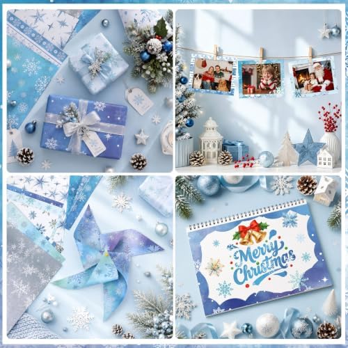 Konsait 24 sheets Winter Scrapbook Paper 12x12, Double Sided Blue Snowflake Patterned Paper Christmas Cardstock Snowflake Winter Origami Papers for DIY Crafts Card Making Scrapbook Supplies