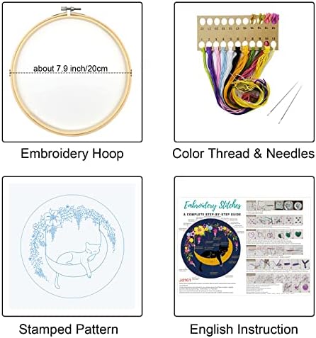 Louise Maelys Cat Moon Embroidery Kit for Beginners Floral Design