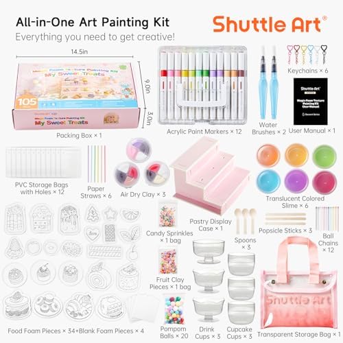 Shuttle Art 105 Pcs Magic Foam Texture Painting Kit Dessert Series: 24 Dessert Foam Pieces, Slime, Clay, Pastry Display Case, 12 Acrylic Paint Markers, Magical 3D Effect DIY Art for Kids Ages 3-12