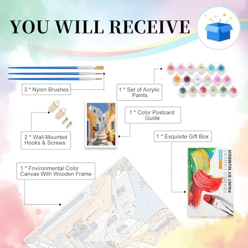Camocin Framed Paint by Numbers Kit for Adults Beginner - Santorini Street Paint by Number Canvas with Frame, DIY Coastal Landscape Acrylic Painting Kit for Stress Relief Home Wall Decor 8x12 Inch