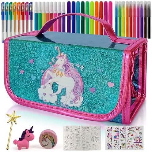 Unicorn Pencil Case Kids Art Set With Fruit Scented Markers, Unicorn Gifts For Girls, Art Supplies For Kids, Birthday Gifts For Little Girls Age 3 4 5 6 7 8 Years Old, Washable Coloring Set Craft Kit