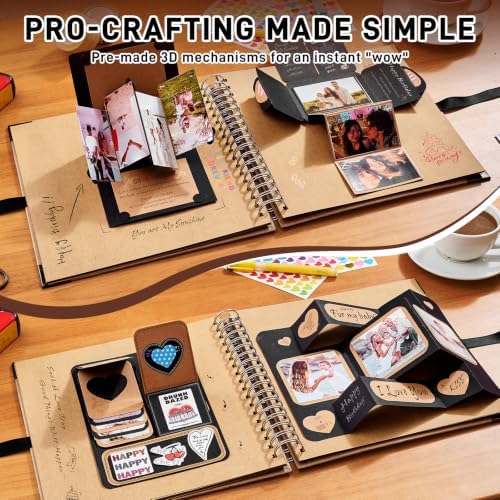 OVESMUSL 10x10 DIY Scrapbook Kit, Brown, 40 Pages | Features 250gsm kraft paper, metal corners, 3D interactive elements, and glue stick. Great for wedding, anniversary, baby.