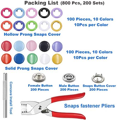 EuTengHao 804Pcs Snap Fasteners Tool Kit Hollow and Solid Metal Prong Snaps Buttons with Setting Tool for Clothing Crafting Sewing,Leather Snaps Buttons for Jeans Wears Bags(200 Sets,10 Colors,9,5mm)