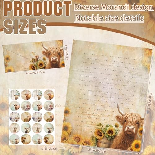 TaoBary 160 Pcs Floral Highland Cow Stationery Paper and Envelopes Set