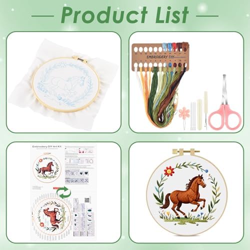 ERKOON Embroidery Kit for Beginners Adult, Cross Stitch Set Include Embroidery Cloth Hoop Threads for Craft Lover Hand Stitch with Embroidery Skill Techniques (Horse)