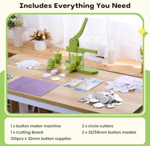 Aiment Button Maker Machine Multiple Sizes 200Pcs, Badge Maker 1.25+2.25 inch for Kids, Badge Press Machine with 200 Sets Button Making Supplies & Cutter & Cutting Mat (Green, 32/58mm)