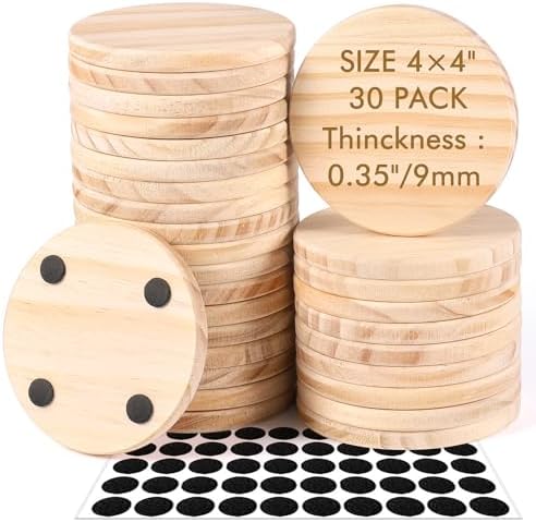30 Pieces Unfinished Wood Coasters, 4 Inch Round Blank Wooden Coasters for Crafts with Non-Slip Silicon Dots for DIY Stained Painting Wood Engraving Home Decoration