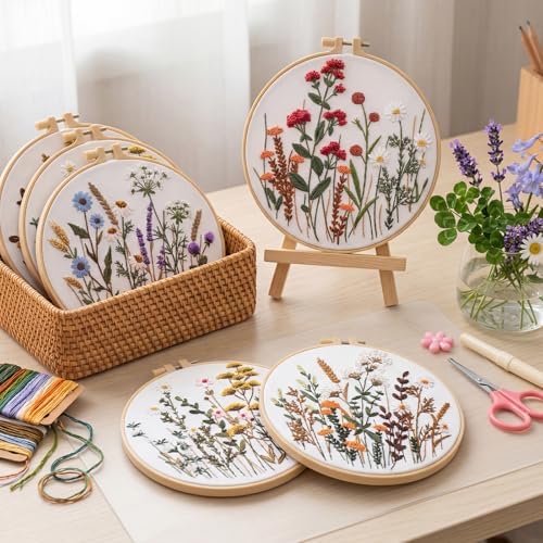 Hokoad 6 Pack Embroidery Kit for Beginners Flower Cross Stitch Kits for Adults Complete Embroidery Starter Kit with Hoop Floral Stamped Pattern Needles Threads Instructions, Gift for Hand Craft Lover