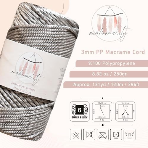 Makromecity, Premium Polyester Macrame Cord 3mm x 131 Yards (394 feet) 3mm Polypropylene Light Grey Macrame Cord Crochet Macrame Bag Cord Crafts for Wall Hangings, Bags, Underplate, Rug