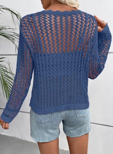 EVALESS Crochet Tops for Women Long Sleeve Hollow Out Knit Sweaters