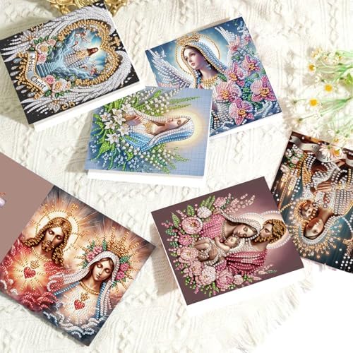 6 Pcs 5D Rhinestone Painting Greeting Cards Kits, Handmade Diamond Art Greeting Cards with Envelopes Holographic Laser Effect DIY Diamond Art Crafts Birthday Cards for Festival Celebrations (Religion)