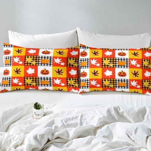 Halloween Pumpkins Bed Sheet Set Twin Size Fall Theme Checker Mattress Cover Farmhouse Style Grid Sheets for Boys Girls Bedroom Yellow Orange White with Flat,Fitted Sheet Pillowcase 3Pcs