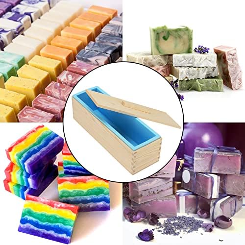 3 Set 42 oz Silicone Soap Molds, Rectangular Bar Loaf Soap Making Mold Kit with Wood Boxes and Lids, Flexible Soap Molds for Soap Making Supplies, DIY Homemade Soap, Craft, Blue