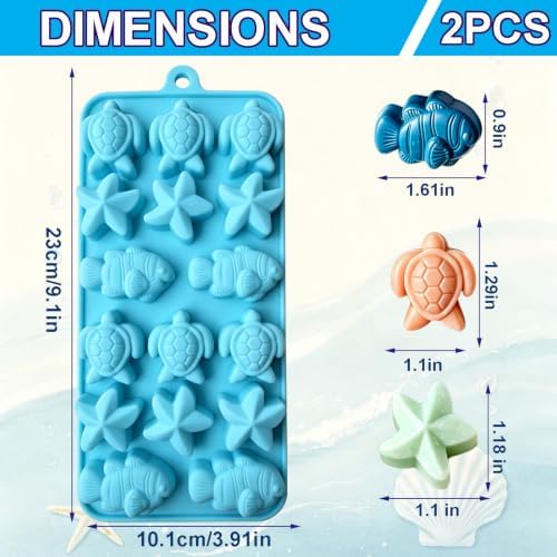 2Pack Ocean Sea Animal Silicone Mold, Sea Turtle Starfish Fish Chocolate Candy Fondant Mold, Beach Silicone Mould for Cake Decoration, DIY Soap, Resin Craft, Ocean Mermaid Theme Party